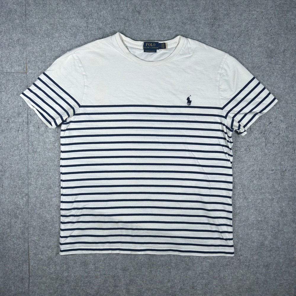 Polo Ralph Lauren T Shirt Men Large White Striped Custom Slim Fit Short Sleeve